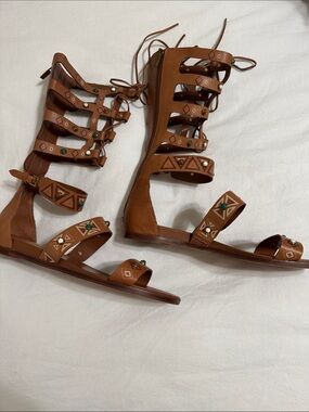 Vince Camuto Brown Leather Gladiator Lace-Up Sandals with Green Accents